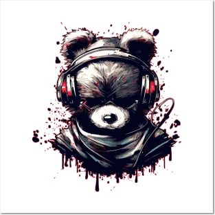 Ninja Bear In Headphones Japanese Anime Ink Splash Style Posters and Art